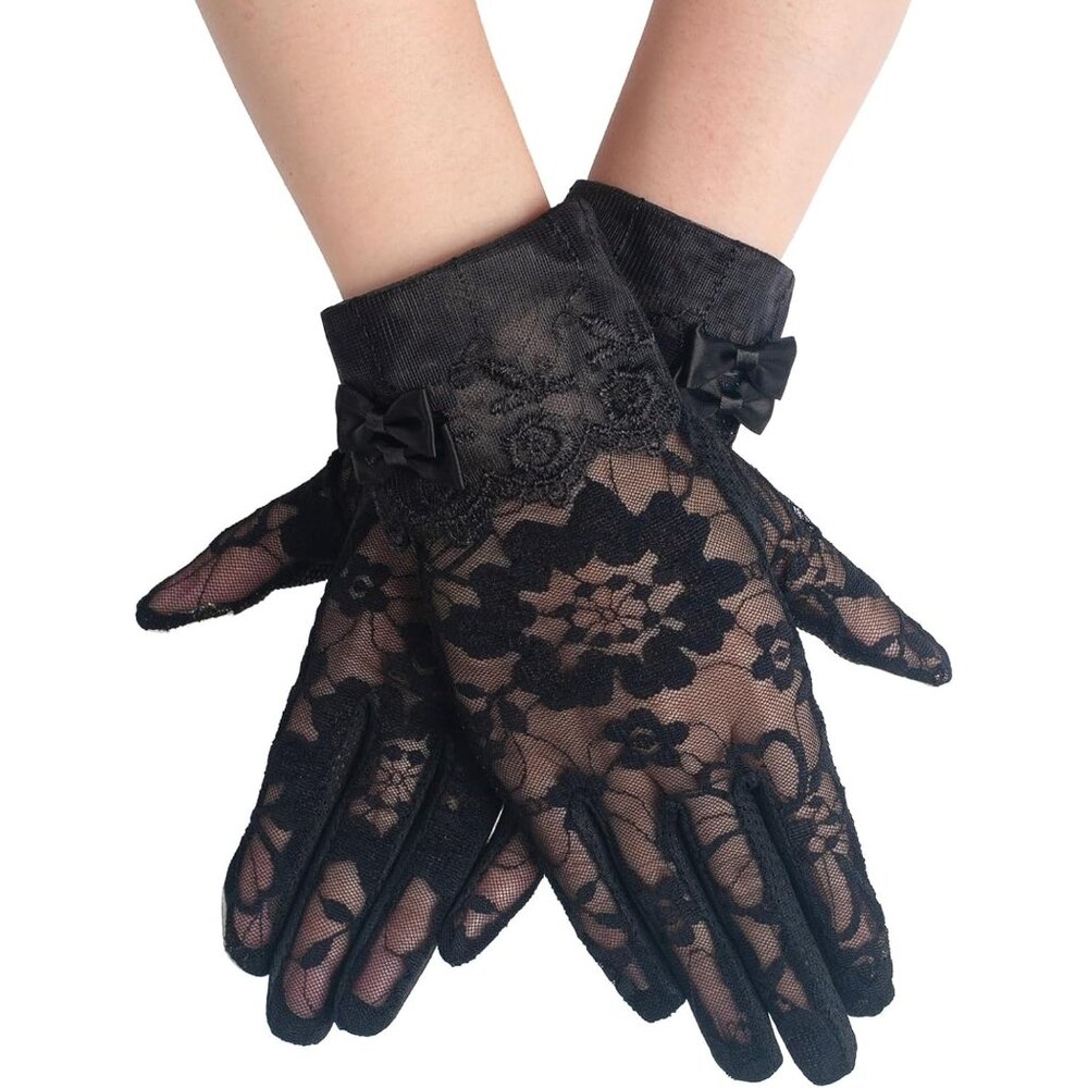 Women's Floral Bow Black Short Lace Gloves Wedding Party Costume Accessories